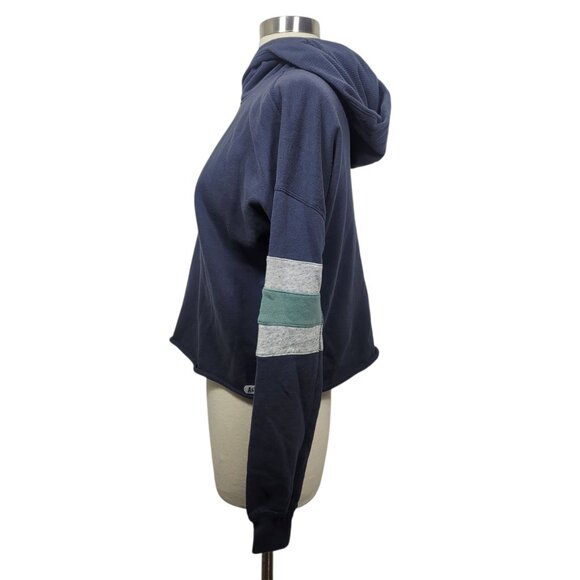 Abercrombie & Fitch Navy Blue Hoodie Sweatshirt XS Cropped Fit Striped Sleeve - Picture 6 of 10